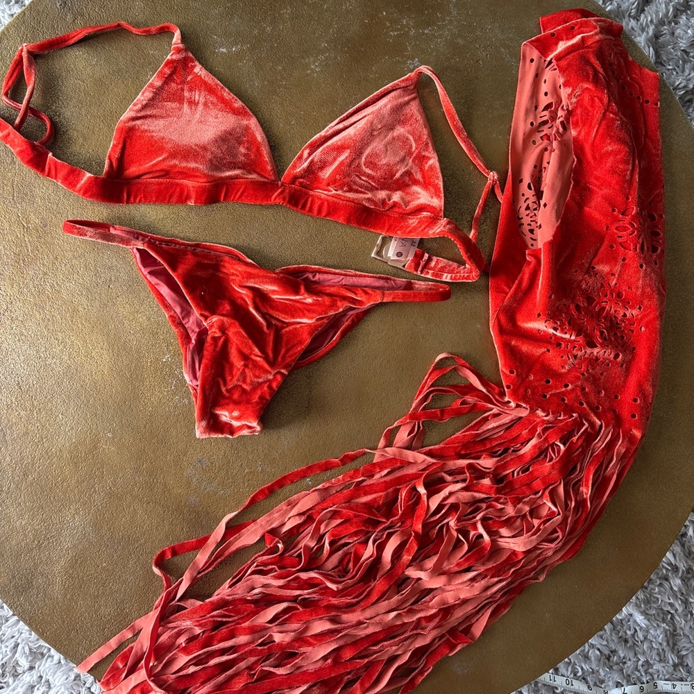 Orange Velvet Bikini Set with Cover-Up
